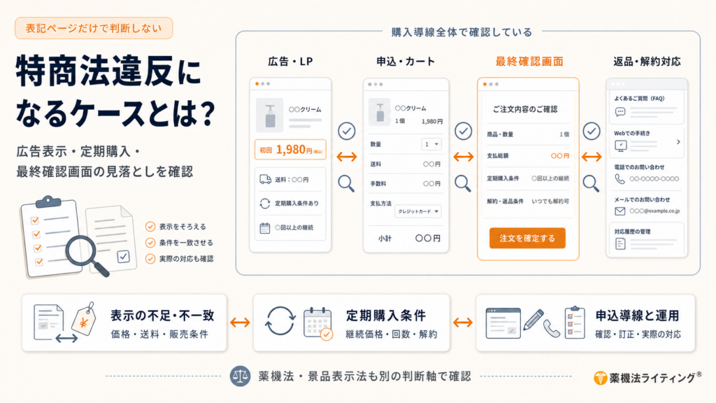 「特商法違反になるケースとは？」という見出しの図解。広告・LP、申込・カート、最終確認画面、返品・解約対応の4段階を並べ、価格、送料、定期購入条件、解約条件などを購入導線全体で確認する流れを示している。下部では、表示の不足・不一致、定期購入条件、申込導線と実際の運用を照合する3つの確認ポイントを整理し、特商法表記ページだけで判断しない重要性を伝えている。