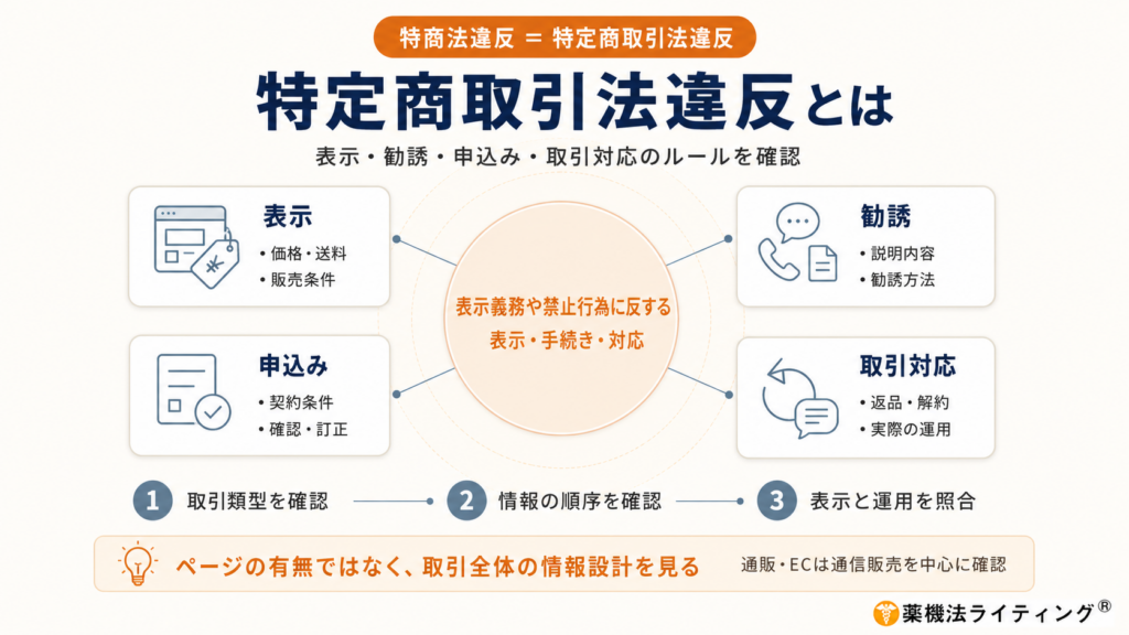 「特定商取引法違反とは」という見出しを中心に、表示、勧誘、申込み、取引対応の4領域を円環状に配置した図解。中央には、表示義務や禁止行為に反する表示・手続き・対応が確認対象になることを示している。下部では、取引類型を確認する、情報の順序を確認する、表示と運用を照合するという3つの判断ポイントを整理し、ページの有無ではなく取引全体の情報設計を見る重要性を示している。