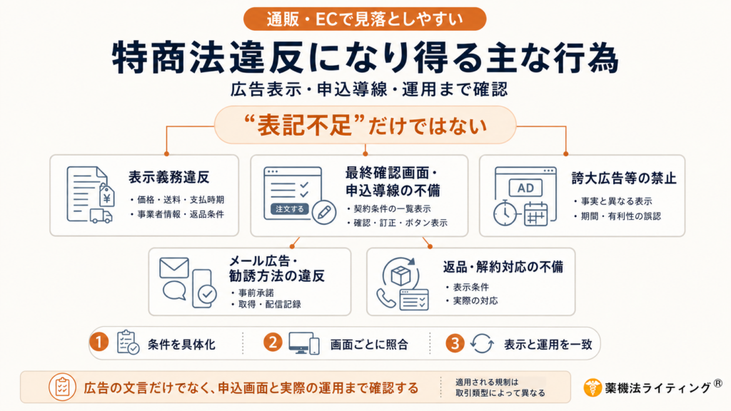 「特商法違反になり得る主な行為」を5つの領域で整理した図解。中央に「表記不足だけではない」というメッセージを置き、表示義務違反、誇大広告等の禁止、最終確認画面・申込導線の不備、メール広告・勧誘方法の違反、返品・解約対応の不備をカードで示している。下部では、条件を具体化する、画面ごとに表示を照合する、表示と実際の運用を一致させるという3つの確認ポイントをまとめ、広告文言だけでなく申込画面や配信、返品・解約対応まで確認する重要性を示している。