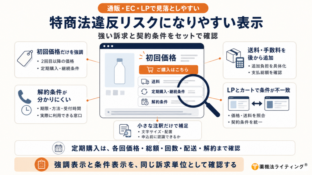 「特商法違反リスクになりやすい表示」という見出しの図解。中央に通販LPの画面イメージを置き、その周囲に、初回価格だけを強調、送料・手数料を後から追加、解約条件が分かりにくい、LPとカートで条件が不一致、小さな注釈だけで補足、という5つの注意ポイントを配置している。下部では、定期購入は各回価格、総額、回数、配送、解約まで確認することを示し、強調表示と条件表示を同じ訴求単位として確認する重要性をまとめている。
