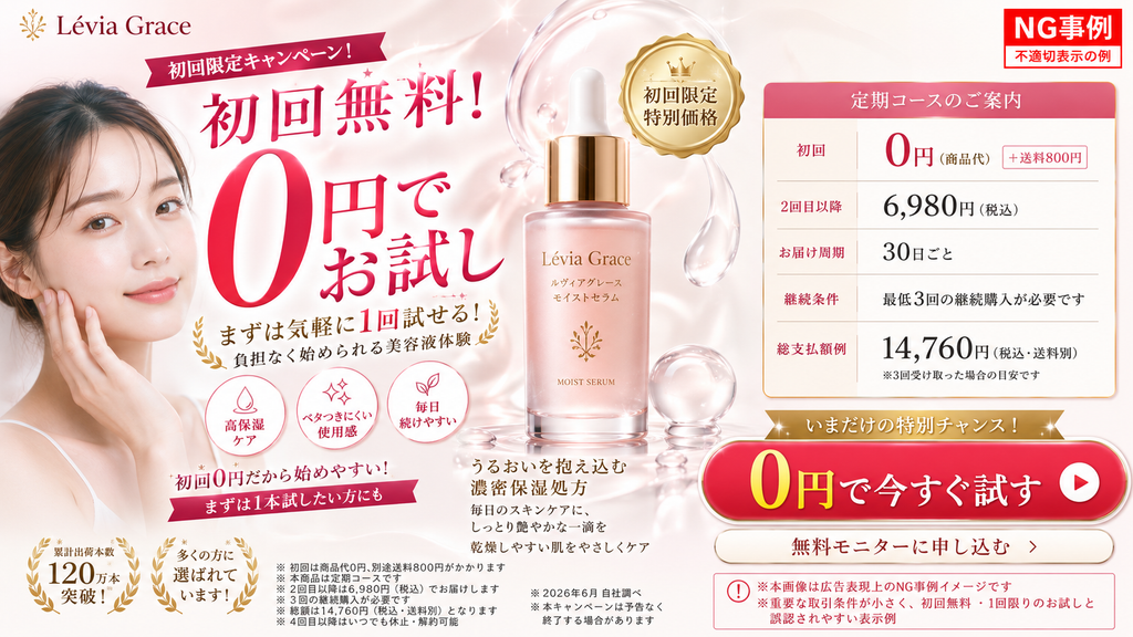 美容液の定期購入LPにおける広告表現のNG事例。ファーストビューで『初回無料!0円でお試し』という文言を大きく強調している一方で、実際には送料800円が発生し、さらに3回以上の継続購入が必要であるという契約条件が目立たない位置に記載されている。費用が一切かからず1回だけ試せると消費者に誤認させるおそれがある、不適切な表示の例。