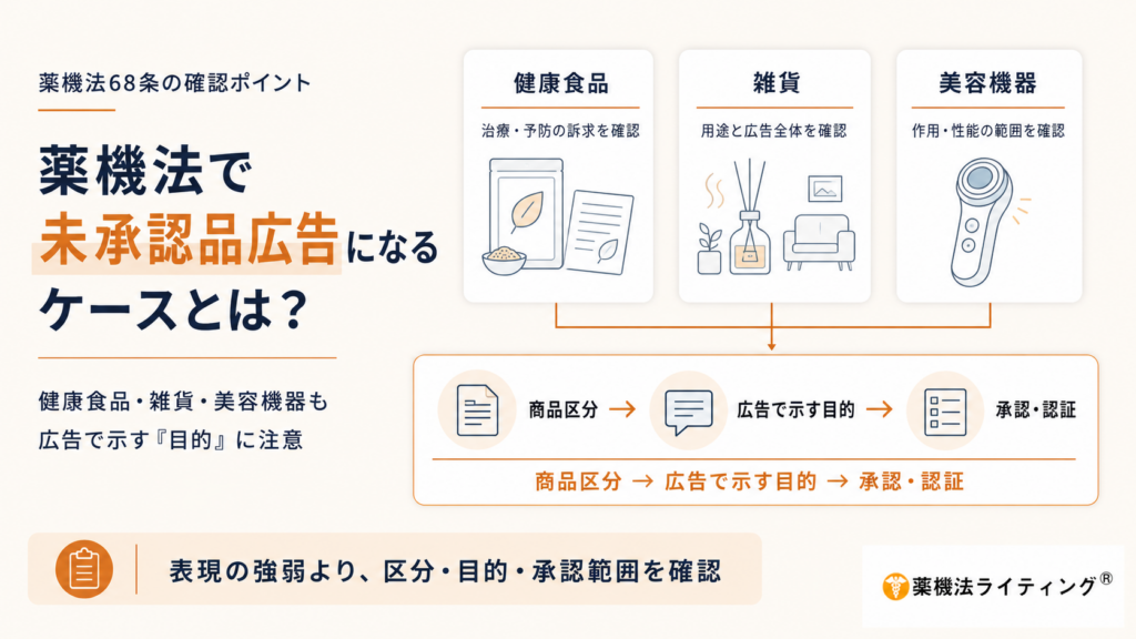 薬機法68条における未承認品広告の確認ポイントを示す図解。健康食品は「治療・予防の訴求」、雑貨は「用途と広告全体」、美容機器は「作用・性能の範囲」を確認する必要があると説明している。判断の流れを「商品区分→広告で示す目的→承認・認証」と整理し、健康食品・雑貨・美容機器も広告で示す目的に注意するよう強調。最下部に「表現の強弱より、区分・目的・承認範囲を確認」とまとめている。
