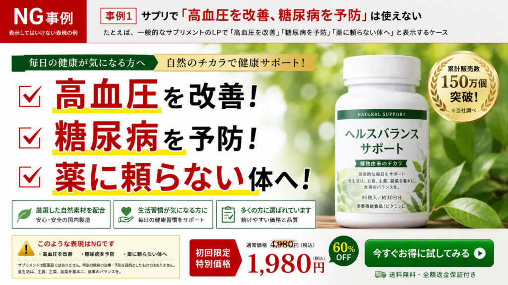 サプリメントのランディングページ(LP)のNG事例図。画像内には、「高血圧を改善」「糖尿病を予防」「薬に頼らない体へ」という、薬機法上問題となる過大な効能効果をうたった広告表現が記載されている。左上には赤枠で「NG事例」と示され、下部には「サプリメントは医薬品ではありません。特定の疾病の治療・予防を目的としたものではありません」という注意書きがある。