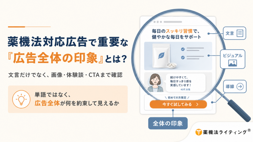 薬機法対応広告で重要な『広告全体の印象』とは？文言だけでなく、画像・体験談・CTAまで確認。左側には「単語ではなく、広告全体が何を約束して見えるか」というポイントが示されている。右側には広告ページのイラストが虫眼鏡で拡大されており、文言（例：毎日のスッキリ習慣で、健やかな毎日をサポート）、ビジュアル（商品画像）、導線（例：続けてやすくて、毎日すっきり感を実感しています！40代女性 / 今すぐ試してみる）などの要素が組み合わさって「全体の印象」を形成している構造が視覚的に説明されている。右下には「薬機法ライティング®」のロゴが入っている。