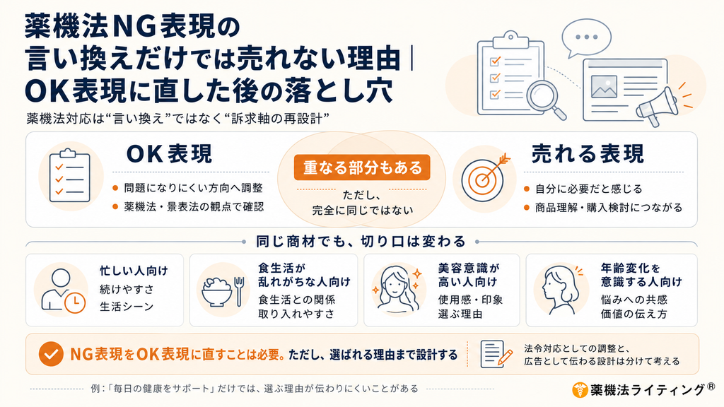 薬機法NG表現の言い換えだけでは売れない理由|OK表現に直した後の落とし穴」と題された図解。薬機法対応が単なる言い換えではなく「訴求軸の再設計」であることを示している。
図は上段・中段・下段の3構成。
上段の比較図:
左側に「OK表現」の枠があり、「問題になりにくい方向へ調整」「薬機法・景品表示法の観点で確認」という2項目を列記。右側に「売れる表現」の枠があり、「自分に必要だと感じる」「商品理解・購入検討につながる」という2項目を列記。両枠の中央には「重なる部分もある(ただし、完全に同じではない)」という補足が矢印と共に配置されている。
中段の分類図:
「同じ商材でも、切り口は変わる」という見出しの下に、4つのターゲット層とそれぞれの切り口がアイコン付きで横並びに示されている。
「忙しい人向け」:続けやすさ、生活シーン
「食生活が乱れがちな人向け」:食生活との関係、取り入れやすさ
「美容意識が高い人向け」:使用感・印象、選ぶ理由
「年齢変化を意識する人向け」:悩みへの共感、価値の伝え方
下段のメッセージエリア:
チェックマークと共に「NG表現をOK表現に直すことは必要。ただし、選ばれる理由まで設計する」という結論を明記。右側に「法令対応としての調整と、広告として伝わる設計は分けて考える」という補足説明と、ペンを走らせるアイコンがある。
最下部に注釈として「例:『毎日の健康をサポート』だけでは、選ぶ理由が伝わりにくいことがある」と記載。右端に「薬機法ライティング®」のロゴが配置されている。