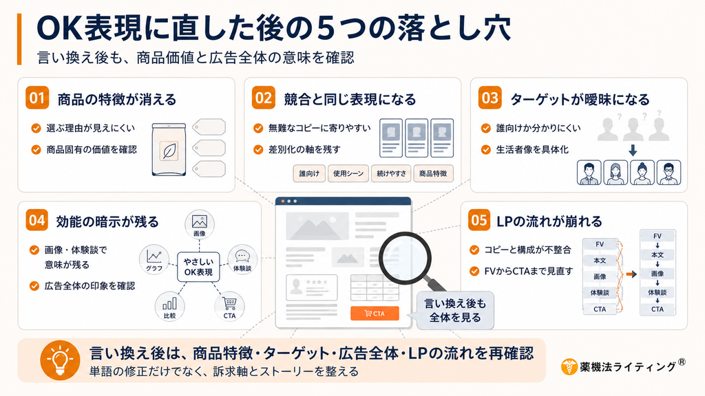 OK表現に直した後に発生する5つの落とし穴を示す解説図。01. 商品の特徴が消える(選ぶ理由が見えにくい)、02. 競合と同じ表現になる(無難なコピー)、03. ターゲットが曖昧になる(生活者像が不明確)、04. 効能の暗示が残る(画像や体験談で効果が連想される)、05. LPの流れが崩れる(FVからCTAまで不整合)の各項目。中央にはLPを虫眼鏡でチェックするイラストがあり、『言い換え後も全体を見る』ことが重要であると示唆している。