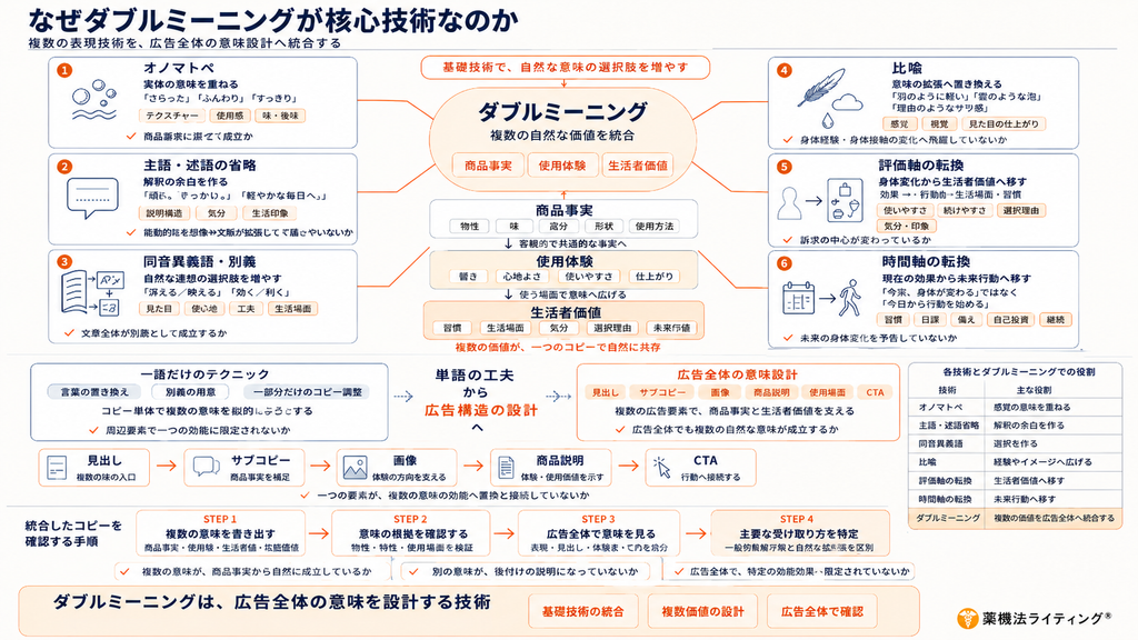 図解:なぜダブルミーニングが核心技術なのか。
中央に「ダブルミーニング(複数の自然な価値を統合:商品事実・使用体験・生活者価値)」を配置。
周囲に6つの基礎技術(1.オノマトペ 2.主語・述語の省略 3.同音異義語・別義 4.比喩 5.評価軸の転換 6.時間軸の転換)を配置し、それらがダブルミーニングへ統合される構造図。
下部には「単語の工夫から広告構造の設計へ(見出し・サブコピー・画像・商品説明・使用場面・CTA)」の流れと、「統合したコピーを確認する手順(STEP1〜4)」をまとめたフローを掲載。