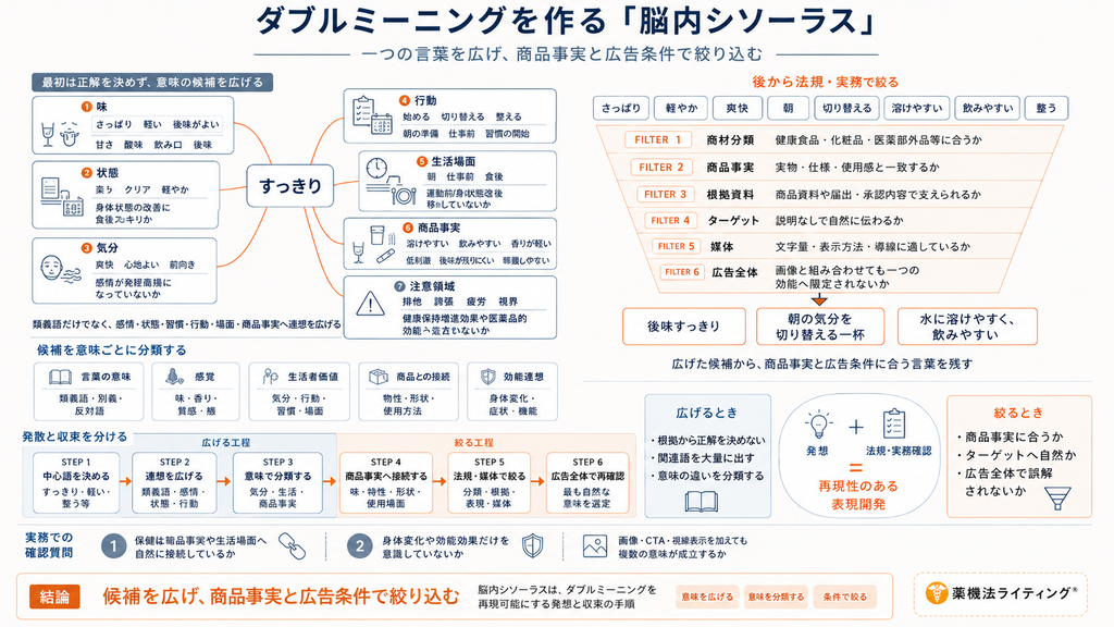 図解:ダブルミーニングを作る「脳内シソーラス」。
左側にマインドマップ形式で、「すっきり」という言葉から「1.味」「2.状態」「3.気分」「4.行動」「5.生活場面」「6.商品事実」「7.注意領域」へと連想を樹形図状に広げる工程を表示。
右側には「後から法規・実務で絞る」フィルターの図(商材分類→商品事実→根拠資料→ターゲット→媒体→広告全体)を配置し、広げた候補から適切な表現(例:「後味すっきり」「朝の気分を切り替える一杯」「水に溶けやすく、飲みやすい」)を残す発想と収束の手順を解説。