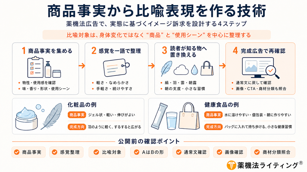 フロー図「商品事実から比喩表現を作る技術 — 薬機法広告で、実態に基づくイメージ訴求を設計する4ステップ」。
中央に「比喩対象は、身体変化ではなく“商品”と“使用シーン”を中心に整理する」とし、以下の4ステップを図示:
ステップ1「商品事実を集める」:物性・使用感を確認(味・香り・形状・使用シーン)
ステップ2「感覚を一語で整理」:軽さ・なめらかさ、手軽さ・続けやすさ
ステップ3「読者が知る物へ置き換える」:絹・羽・雲・朝露、朝の支度・小さな習慣
ステップ4「完成広告で再確認」:通常文に戻して確認(画像・CTA・商材分類も照合)
下部には具体例が記載されています:
・化粧品の例:【商品事実】ジェル状・軽い・伸びがよい ➔ 【完成方向】羽のように軽く、するすると広がる
・健康食品の例:【商品事実】水に溶けやすい・個包装・朝に作りやすい ➔ 【完成方向】バッグに入れて持ち歩ける、小さな健康習慣
最下部に「公開前の確認ポイント(商品事実/感覚整理/比喩対象/AはBの形/通常文確認/画像確認/商材分類照合)」のチェックマークが並んでいます。