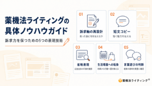 「薬機法ライティングの具体ノウハウガイド」のアイキャッチ画像。訴求軸の再設計、短文コピー、省略表現、生活場面への転換、言葉遊びの判断という5つの表現技術を、書類や吹き出しの線画アイコン付きカードで整理している。