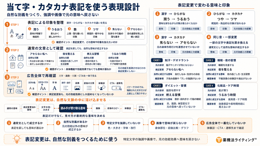図表タイトル:当て字・カタカナ表記を使う表現設計(自然な別義をつくり、強調や画像で元の意味へ戻さない)
・概要:表記(漢字・ひらがな・カタカナ)による印象の整理から、通常の文章としての成立確認、広告全体での再確認までの手順を整理。
・ポイント:制汗・睡眠・ダイエット・化粧品などのケーススタディを交え、表記変更は自然な文脈の中に溶け込ませることが大切であることを説明しています。