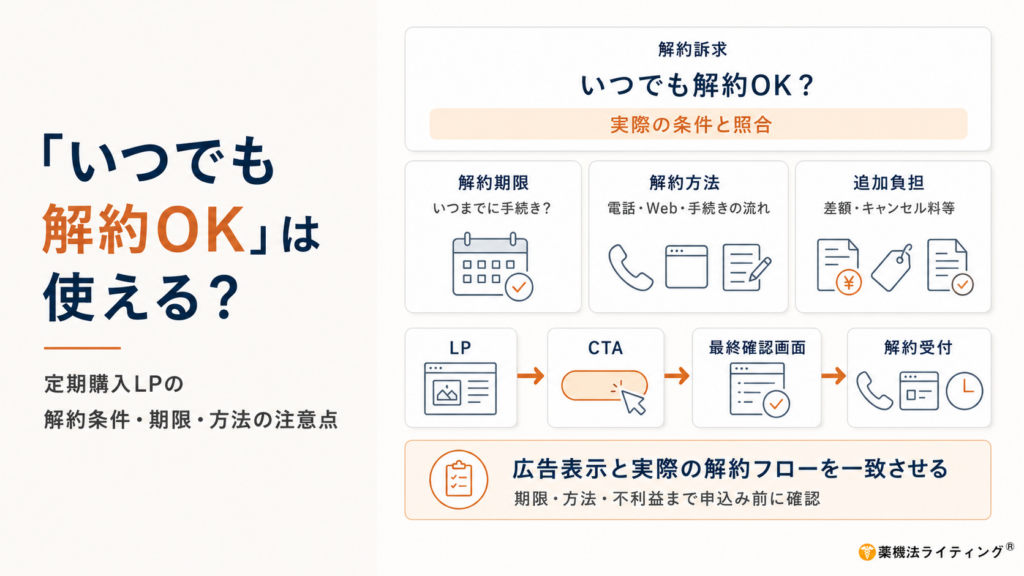 「いつでも解約OK」は使えるかを解説する定期購入LPの特商法チェック図。次回発送日の何日前までかという解約期限、電話・Web・SNSなどの解約方法、差額請求・キャンセル料等の追加負担を確認し、LP・CTA・最終確認画面・解約受付まで実際の契約条件と広告表示を一致させるポイントを整理したイメージ。