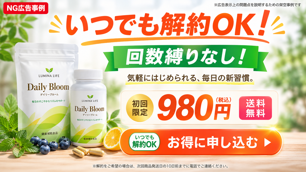 「いつでも解約OK」の表示に関する定期購入LPのNG事例。回数縛りなし、初回980円、送料無料を大きく訴求しているが、解約条件の「次回発送日の10日前までに電話で連絡」が最下部注記にしかなく、特定商取引法上問題になり得る表示例を示したイメージ。