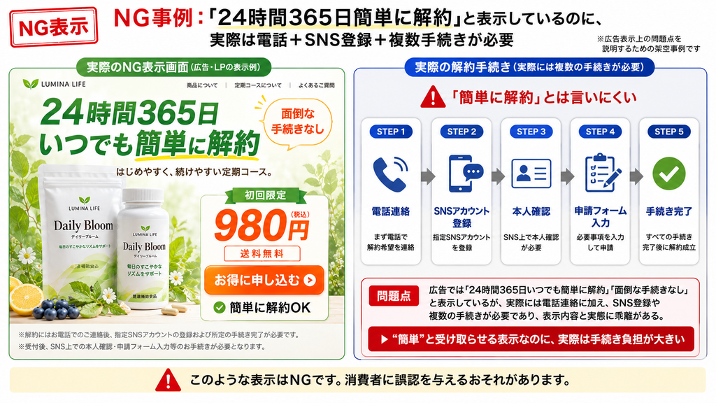 定期購入LPのNG表示事例。「24時間365日いつでも簡単に解約」「面倒な手続きなし」と大きく訴求している一方で、実際の解約には電話連絡、SNSアカウント登録、本人確認、申請フォーム入力など複数の手続きが必要であり、表示内容と実態が一致していない例。