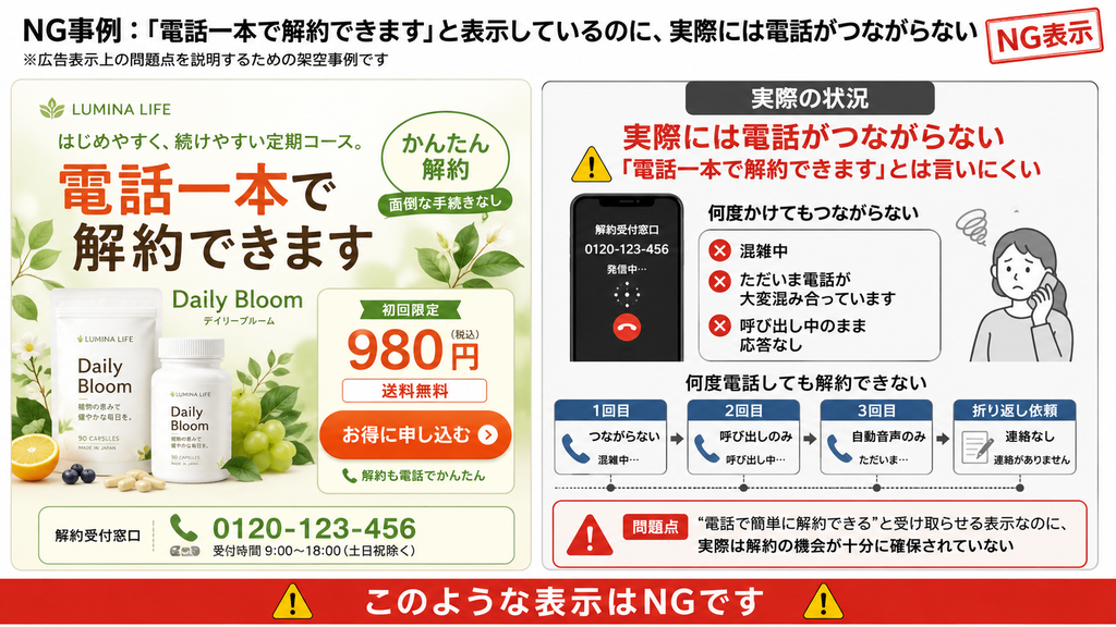 「電話一本で解約できます」と表示した定期購入LPのNG事例。広告では電話で簡単に解約できるように見せているが、実際には解約窓口が混雑し、呼び出しや自動音声のみで電話がつながらず、折り返し対応もないケースを図解。定期購入の解約方法と実際の運用が一致していない表示例。