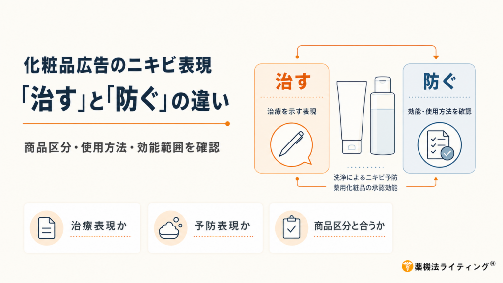 化粧品広告で「ニキビを治す」と「ニキビを防ぐ」の違いを解説する薬機法チェック図。一般化粧品の洗顔料によるニキビ予防、薬用化粧品・医薬部外品の承認効能、治療表現と予防表現の広告上の注意点を整理。