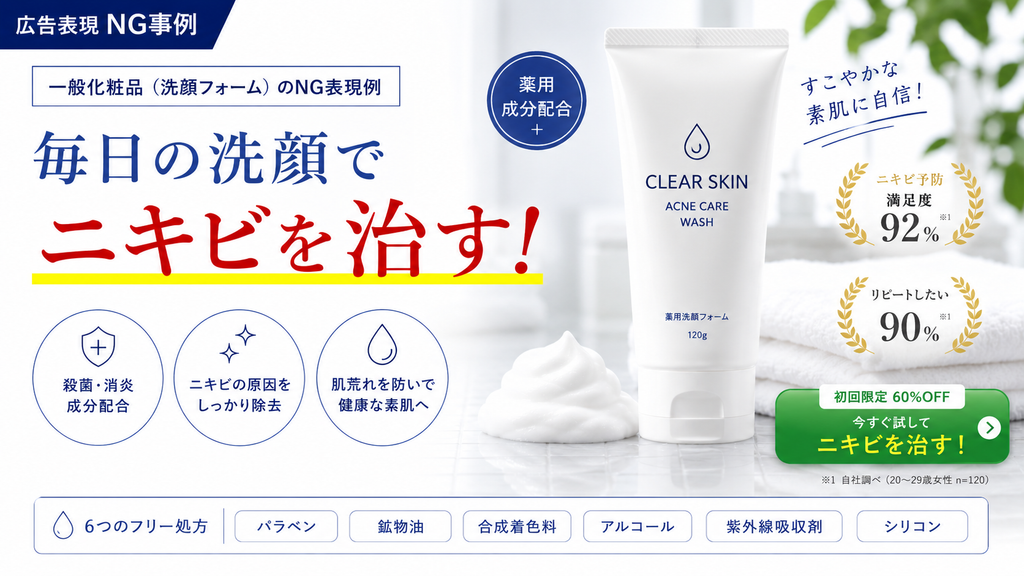 一般化粧品の洗顔料で「ニキビを治す」と表現するのはNGで、「洗浄によりニキビを防ぐ」なら認められる範囲があることを示した化粧品広告の薬機法NG事例。洗顔フォームのニキビ予防表現と治療表現の違いを解説。