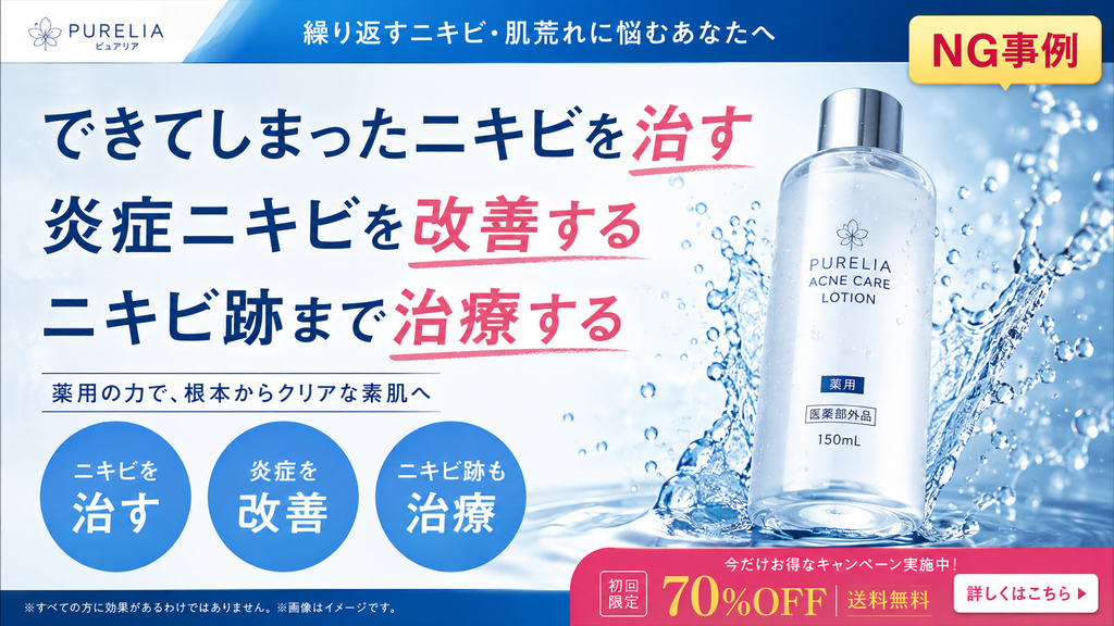 薬用化粧品・医薬部外品のニキビ広告で使える表現とNG表現の事例。承認効能に「にきびを防ぐ」が含まれる薬用化粧水ではニキビ予防を表現できる一方、「できてしまったニキビを治す」「炎症ニキビを改善する」「ニキビ跡を治療する」は承認範囲を超えるため薬機法上NG。