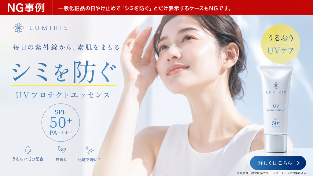 一般化粧品の日やけ止め広告で『シミを防ぐ』とだけ表示した薬機法上のNG事例。化粧品の効能表現として認められるのは、当該製品に該当する場合の『日やけによるシミ・ソバカスを防ぐ』であり、『日やけによる』を省略して単に『シミを防ぐ』と表示すると、一般的なシミ予防効果があるように受け取られるおそれがあります。SPF50+・PA++++の日焼け止め、UVケア、紫外線対策、シミ予防、化粧品広告、一般化粧品、薬機法、化粧品56項目、効能効果、NG表現、広告チェック、日やけによるシミ・ソバカスを防ぐ表現の注意点を示した事例画像。