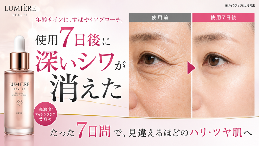 一般化粧品の美容液広告で「使用7日後に深いシワが消えた」とBefore/After画像で示す薬機法NG事例。深いシワの改善と効果発現までの期間を印象づける広告表現の例。