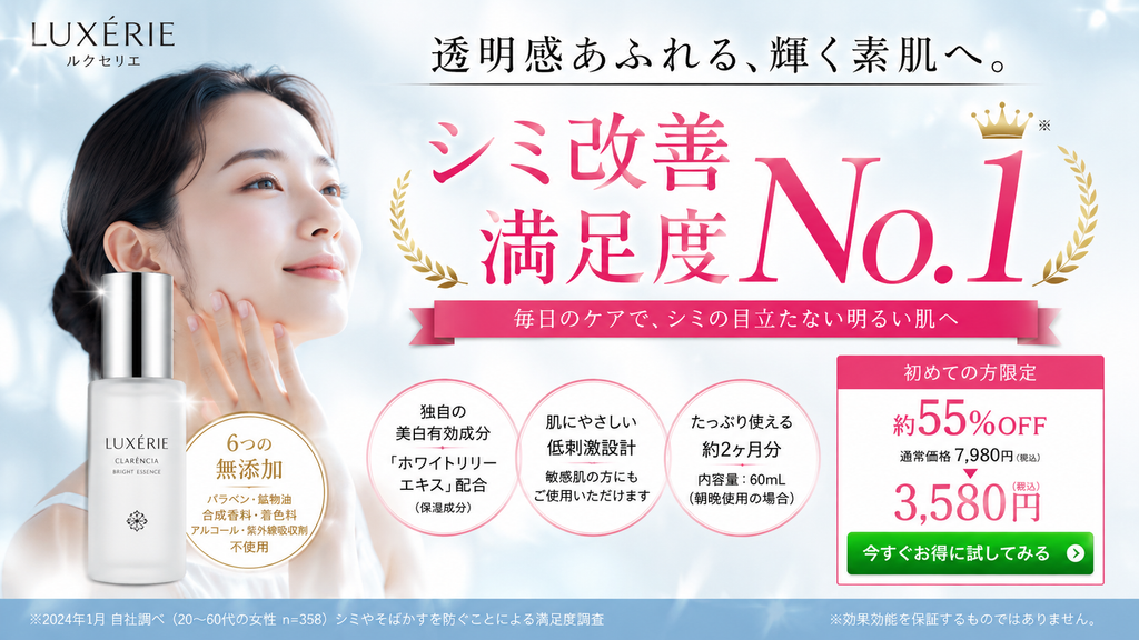 一般化粧品の美容液広告で「シミ改善満足度No.1」と表示しているNG事例。満足度調査の設計が適切でも、「シミ改善」という一般化粧品では認められない効能効果を評価項目として掲げることで、薬機法上シミ改善効果を暗示する表現になることを示した広告イメージ。