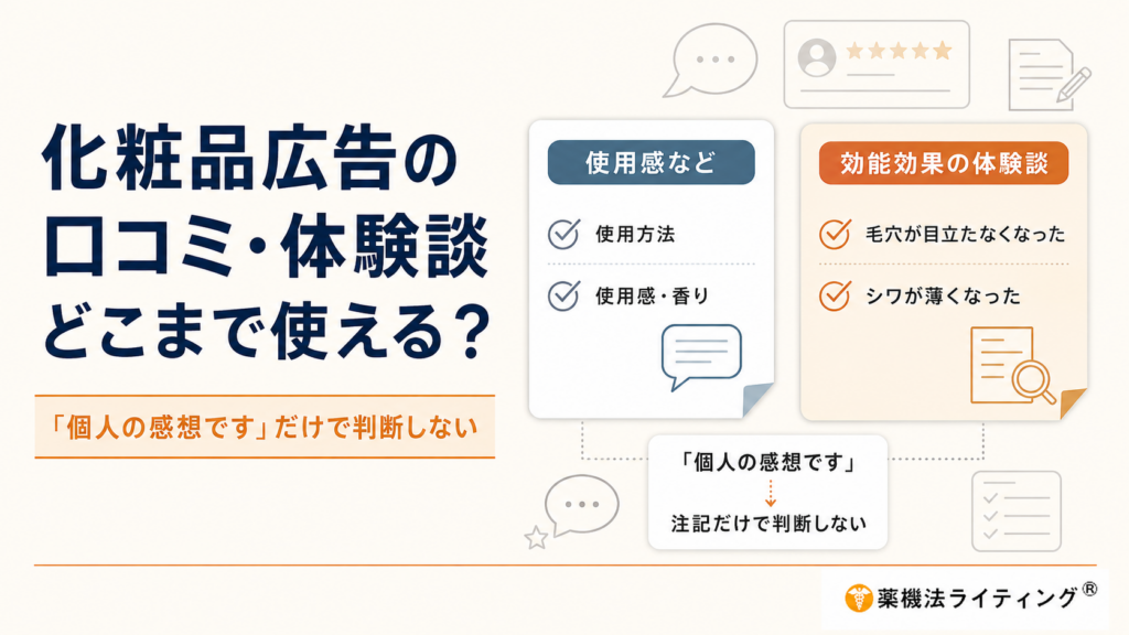化粧品広告の口コミ・体験談で使える表現と使えない表現を整理した図解。使用方法・使用感・香りなどの感想は掲載できる一方、「毛穴が目立たなくなった」「シワが薄くなった」など効能効果を体験談として示す表現は避ける必要があり、「個人の感想です」という注釈だけでは薬機法上の問題は解消しない。