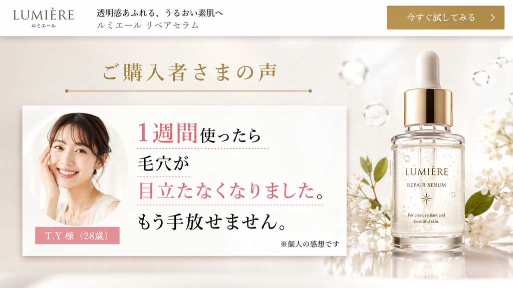 化粧品LPの購入者口コミで「1週間使ったら毛穴が目立たなくなりました」と効能効果を体験談として掲載し、「個人の感想です」と注記しているNG広告例。一般化粧品の美容液で毛穴の変化や効果発現までの期間を口コミで示す場合の薬機法上の注意点を解説したイメージ。