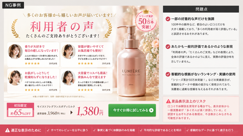 化粧品ECで「香りが好き」「容器が使いやすい」など好意的な口コミだけを選び「利用者の声」として強調掲載しているNG例。使用感の口コミ自体は掲載できても、一部の高評価レビューだけを抜粋して多数の利用者が高く評価しているように見せると、景品表示法上の優良誤認につながるおそれがある。口コミの選び方、評価分布、ランキングや実績表示の根拠まで広告全体で確認が必要。