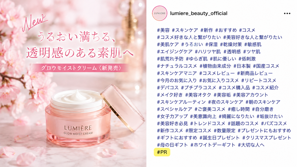 化粧品のインフルエンサー投稿で、大量の美容・スキンケア関連ハッシュタグの末尾に「#PR」を目立たない形で記載しているステマ規制上の注意例。