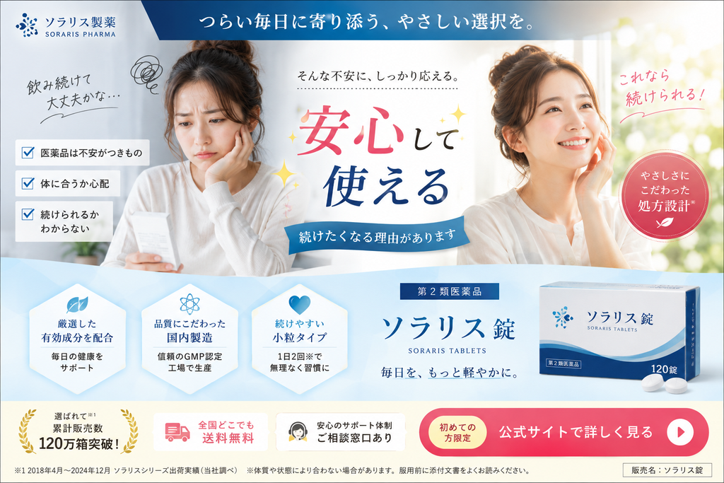 第2類医薬品で、安心感や継続使用のしやすさを強く訴求した広告例。左側に「飲み続けて大丈夫かな」「体に合うか心配」と不安そうな女性、右側に笑顔の女性を配置し、中央に「安心して使える」「続けたくなる理由があります」と大きく表示している。下段には架空の医薬品「ソラリス錠」とともに、「厳選した有効成分」「国内製造」「続けやすい小粒タイプ」などの特徴を掲載し、「これなら続けられる」「やさしさにこだわった処方設計」と継続使用を後押ししている。最下部には累計販売数、送料無料、相談窓口、公式サイトへのCTAを配置し、注記で体質や状態によって合わない場合があることや添付文書の確認を促している。