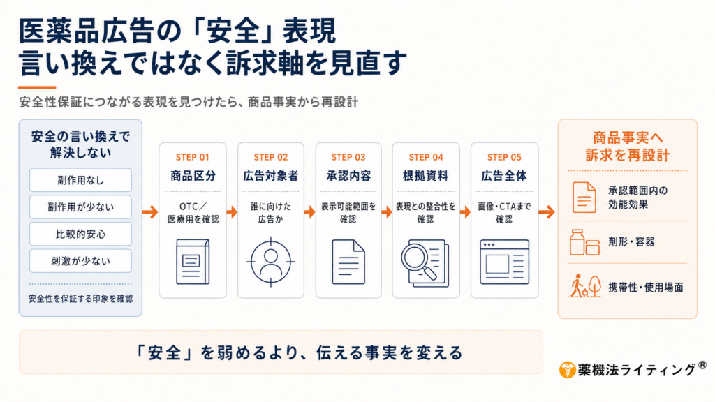 医薬品広告の「安全」表現を見直す考え方を示した図解。「副作用なし」「副作用が少ない」「比較的安心」「刺激が少ない」など、安全性を保証する印象につながる表現は単なる言い換えで解決せず、商品事実から訴求軸を再設計すると説明している。中央では、①商品区分、②広告対象者、③承認内容、④根拠資料、⑤広告全体の順に確認する流れを整理。右側では、承認範囲内の効能効果、剤形・容器、携帯性・使用場面などを新たな訴求材料として例示している。下部に「『安全』を弱めるより、伝える事実を変える」とまとめている。