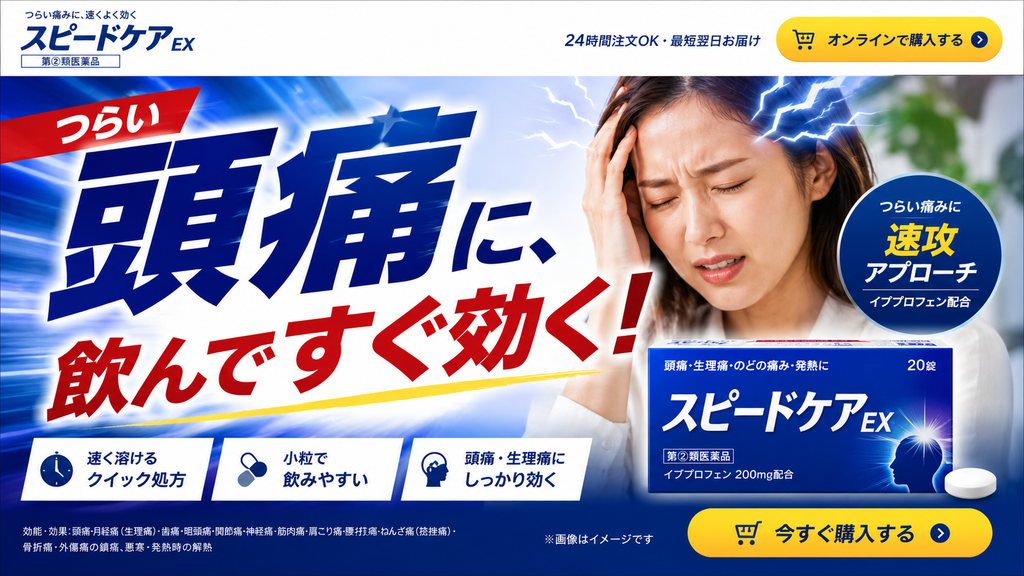 頭痛薬「スピードケアEX」の広告。頭を押さえて痛そうな表情をする女性と商品パッケージを大きく配置し、「つらい頭痛に、飲んですぐ効く!」と訴求している。右側には「つらい痛みに速攻アプローチ」「イブプロフェン配合」と表示。下段では、「速く溶けるクイック処方」「小粒で飲みやすい」「頭痛・生理痛にしっかり効く」の3つの特徴をアイコン付きで紹介している。商品は第2類医薬品で、イブプロフェン200mg配合。頭痛や生理痛、歯痛、腰痛などの鎮痛や、悪寒・発熱時の解熱に用いることが記載されている。