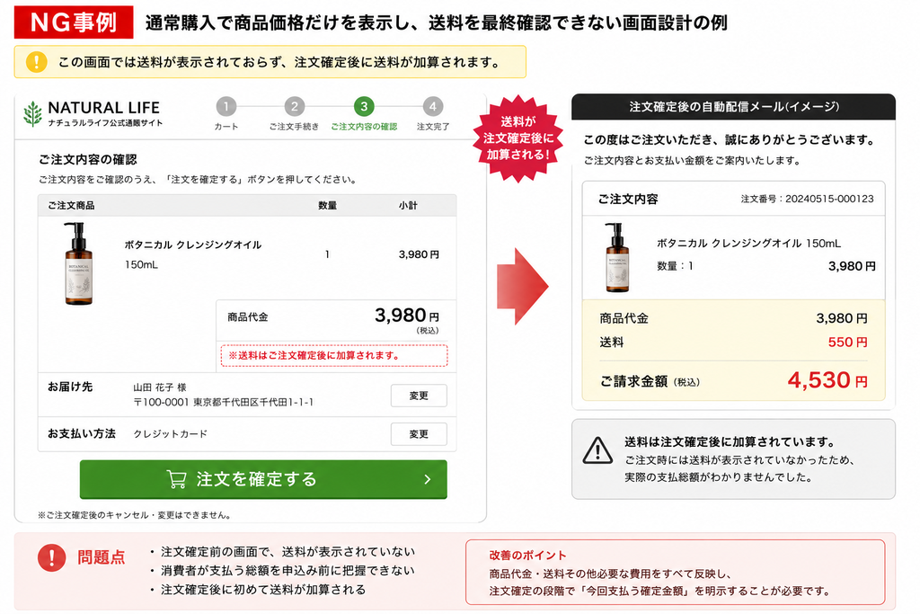 通販ECサイトの最終確認画面におけるNG事例を示した図解。通常購入で商品価格3,980円だけを表示し、送料550円を注文確定前に確認できない画面設計を説明している。左側は注文確認画面で商品代金3,980円のみ表示され、「送料はご注文確定後に加算されます」と記載。右側は注文確定後の自動配信メールのイメージで、商品代金3,980円に送料550円が加算され、請求金額が4,530円になっている。問題点として、申込み前に支払総額を把握できないこと、注文確定後に初めて送料が加算されることを示し、改善ポイントとして最終確認画面で商品代金・送料・その他費用を反映した「今回支払う確定金額」を明示すべきことを解説している。