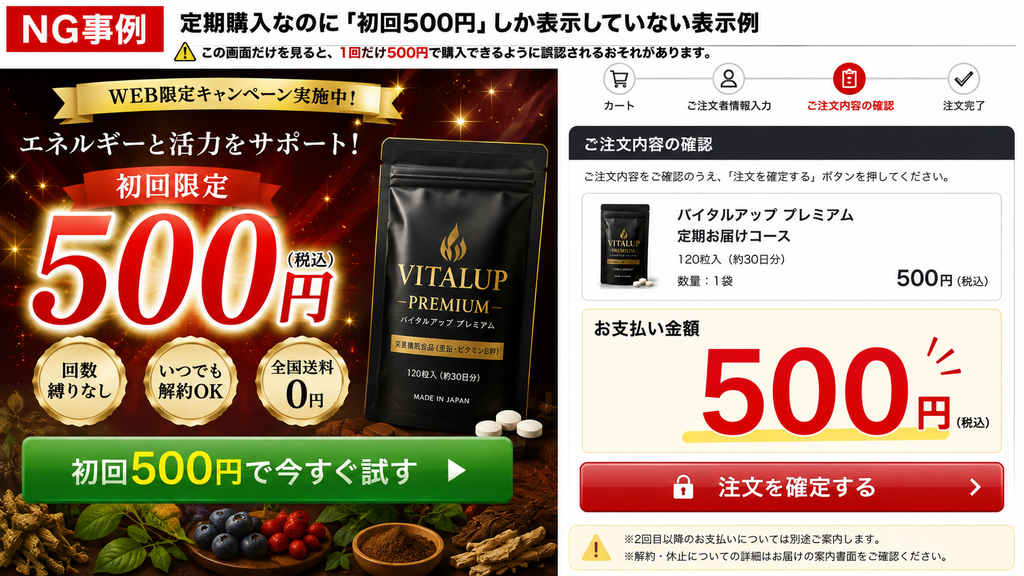 定期購入の最終確認画面におけるNG事例を示した図解。左側には「初回限定500円」「回数縛りなし」「いつでも解約OK」「全国送料0円」と大きく訴求するサプリメントLP、右側には「バイタルアッププレミアム 定期お届けコース」の注文内容確認画面があり、支払い金額として500円(税込)のみが大きく表示されている。画像上部には「定期購入なのに『初回500円』しか表示していない表示例」とあり、この画面だけを見ると1回だけ500円で購入できるように誤認されるおそれがあることを示している。注記では、2回目以降の支払いは別途案内、解約・休止の詳細は案内書面を確認とされており、定期購入に必要な2回目以降の価格や継続条件が最終確認画面で明確に示されていない問題を説明している。