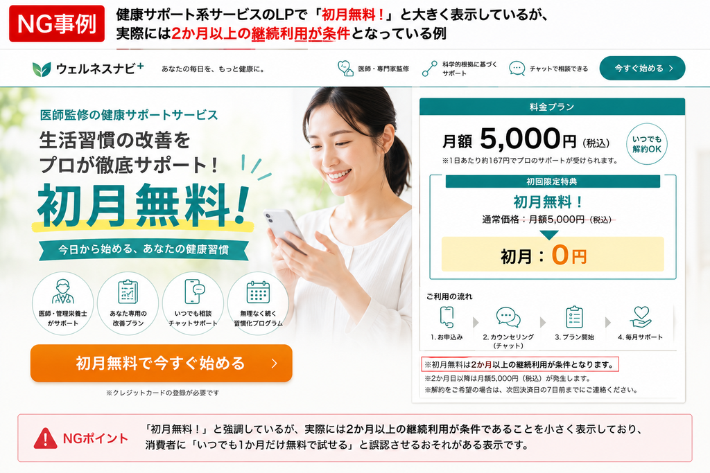健康サポートサービスの広告LPにおける有利誤認のNG事例。大きく『初月無料！』と掲げながら、実際には2か月以上の継続利用が条件である旨を小さく記載しており、消費者に『1か月のみ無料で試せる』と誤認させるおそれのある表示例。