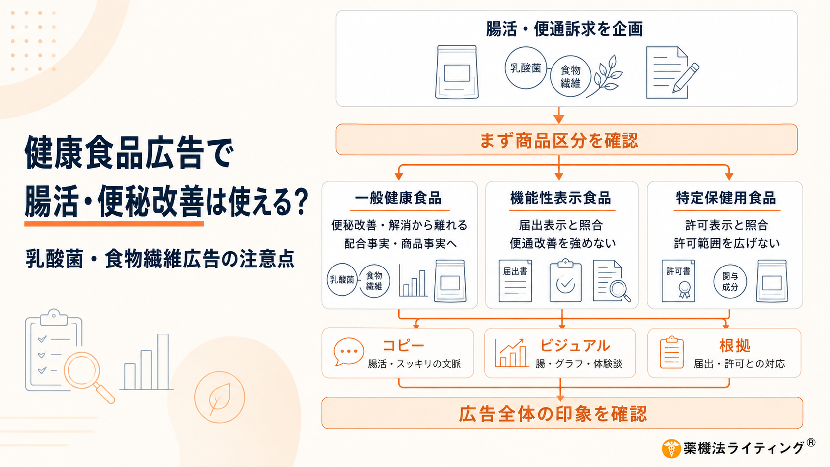 健康食品広告で「腸活」「便秘改善」を訴求する際の確認ポイントを、一般健康食品・機能性表示食品・特定保健用食品の3区分で整理した図。まず乳酸菌や食物繊維などを使った腸活・便通訴求を企画する際に商品区分を確認し、一般健康食品では「便秘改善」「便秘解消」など疾病改善に当たる表現から離れて、乳酸菌配合や食物繊維含有などの配合事実・商品事実を中心に表現する。機能性表示食品では消費者庁への届出表示と科学的根拠に照らし、便通改善に関する機能性を届出範囲以上に強めない。特定保健用食品では許可表示や関与成分など、許可された表示範囲との整合を確認する。さらに「腸活」「スッキリ」などのコピー、腸のイメージやグラフ・体験談などのビジュアル、届出・許可・研究資料との根拠対応を確認し、最終的に広告全体から便秘の治療や過度な腸機能改善を印象付けていないかを判断することが重要であると示している。