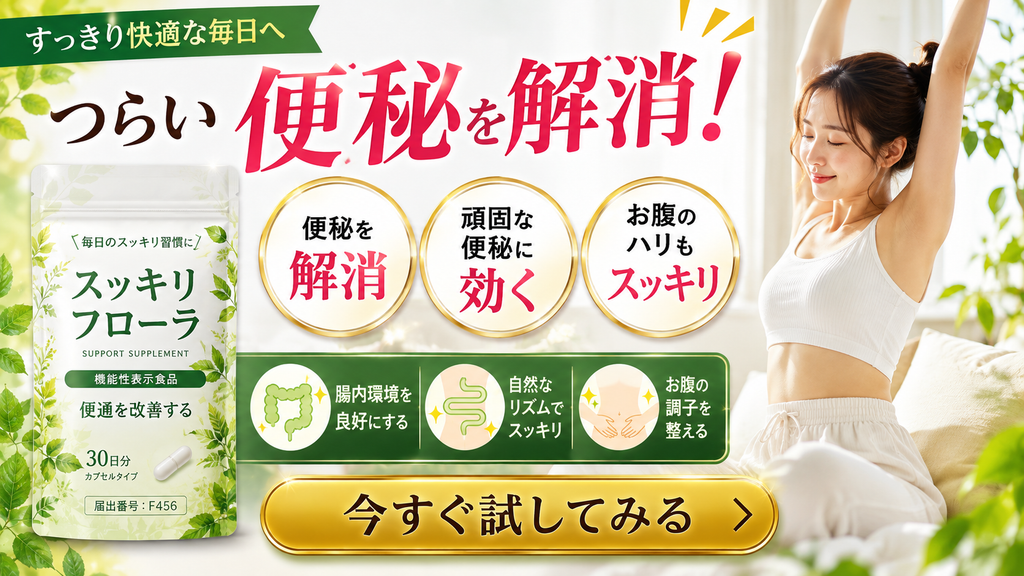 機能性表示食品の広告で、届出表示の「便通を改善する」という機能性を「便秘を解消する」「頑固な便秘に効く」などへ強めて訴求するNG広告事例。機能性表示食品「スッキリフローラ」について、「つらい便秘を解消」「便秘を解消」「頑固な便秘に効く」「お腹のハリもスッキリ」と表示し、腸内環境を良好にする、自然なリズムでスッキリ、お腹の調子を整えるといった表現や、すっきりした様子の女性のビジュアルを組み合わせている。一方、機能性表示食品で届け出られる「便通を改善する」「腸内環境を良好にする」などの機能性と、便秘という症状そのものを治療・改善する表現は同じではない。広告では届出表示、対象者、機能性関与成分、科学的根拠の範囲に沿って表現し、言い換えによって疾病改善まで意味を広げていないかを確認する必要があることを示した不適切事例である