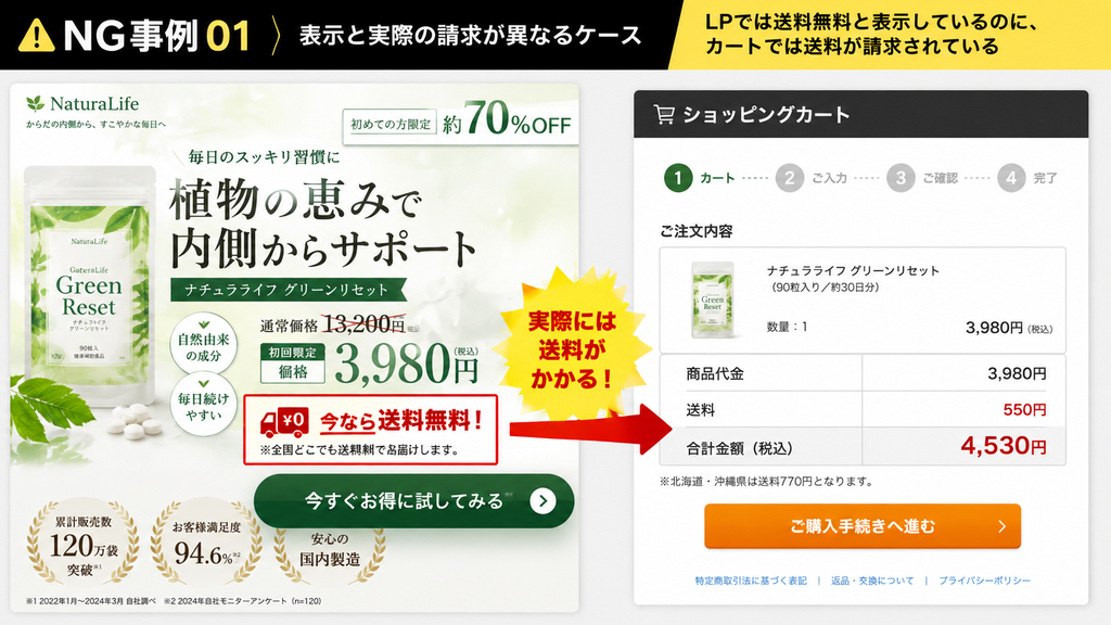 LPとカートで送料表示が異なるNG事例を示す図。健康食品のLPでは「初回限定価格3,980円・今なら送料無料」と表示している一方、ショッピングカートでは商品代金3,980円に送料550円が加算され、合計4,530円（税込）と請求されている。特定商取引法・景品表示法の観点で、LPの送料無料表示と実際の請求額が一致していないリスクを解説するイメージ。
