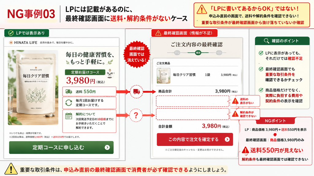 通販LPの特商法NG事例。LPでは定期購入商品の価格3,980円、送料550円、解約条件を表示しているのに、最終確認画面では商品価格3,980円しか表示されず、送料や解約条件を確認できないケース。通販・ECの最終確認画面では、送料・解約条件を含む重要な取引条件を申込み直前に明確に表示する必要がある。