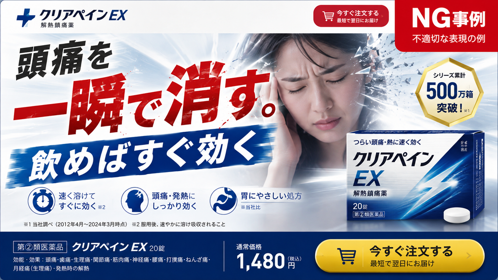 OTC医薬品・解熱鎮痛薬のランディングページで、「頭痛を一瞬で消す」「飲めばすぐ効く」とファーストビューに大きく表示した薬機法上のNG広告例。頭痛の鎮痛が承認効能に含まれていても、「すぐ効く」「一瞬で消す」など速効性や効果発現時間を強調する医薬品広告表現には制限があることを示している。