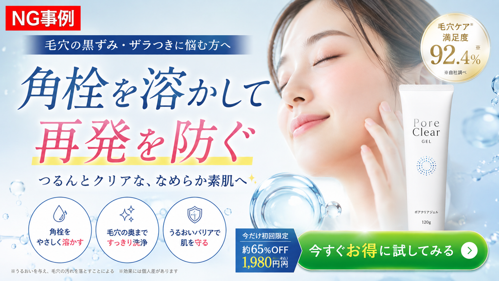 毛穴ケア化粧品の広告で「角栓を溶かして再発を防ぐ」と表示した薬機法NG事例。一般化粧品の角栓除去、毛穴汚れ、毛穴洗浄、角栓の再発防止、毛穴改善、毛穴ケア表現の違いと広告上の注意点を示したLPイメージ。