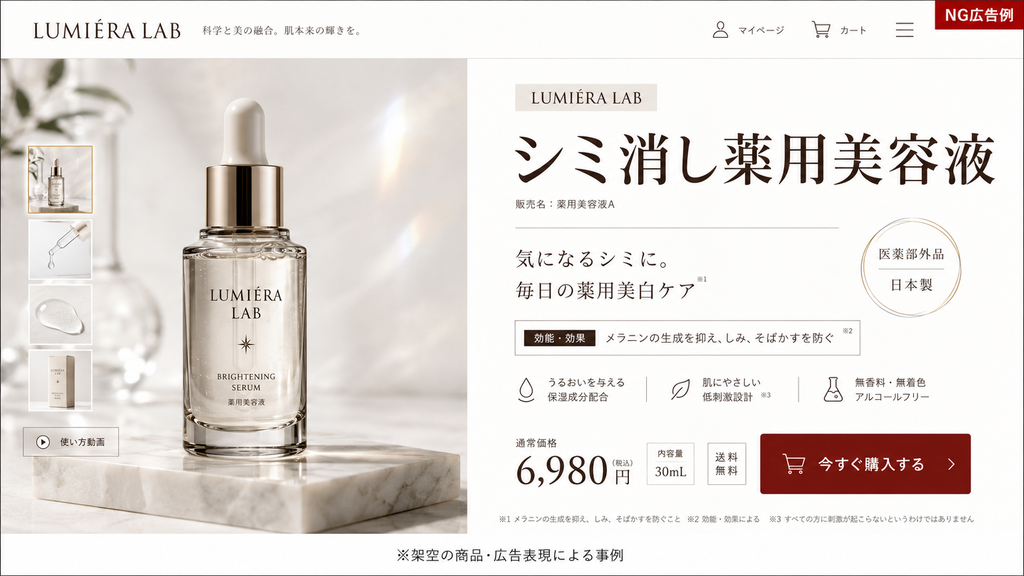 医薬部外品ECページの商品名に「シミ消し薬用美容液」と表示した薬機法上のNG例。承認効能のシミ予防を超えて、既存のシミを消す効果を訴求している。