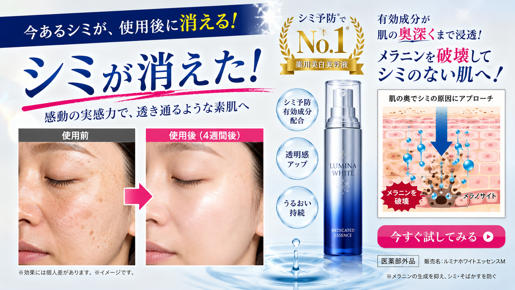 医薬部外品ECページで、シミ予防の薬用化粧品に使用前後でシミが消えた画像と、有効成分が肌の奥へ浸透してメラニンを破壊する断面図を掲載した薬機法上のNG広告例。