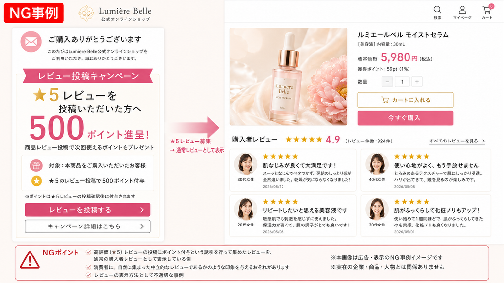 NG事例:レビュー投稿キャンペーンの画像。左側に『★5レビューを投稿いただいた方へ500ポイント進呈』というキャンペーン告知、右側にその結果として高評価レビューが並ぶオンラインショップの商品ページが表示されている。下部の『NGポイント』では、高評価を条件にレビューを募集し、それを自主的な一般レビューとして掲載する行為は、消費者に誤認を与えるステマ規制上の不適切な表示事例であることが解説されている。