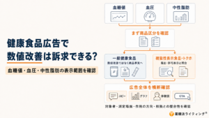 健康食品広告における血糖値・血圧・中性脂肪の表現範囲を示す図。商品区分を確認し、一般健康食品は商品事実へ訴求軸を変え、機能性表示食品・トクホは届出・許可表示と照合する流れを示している。
