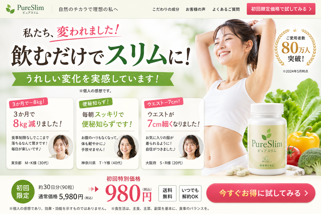サプリメントの効果体験談を強く訴求するLPのNG事例。画面には「飲むだけでスリムに!」という大きなコピーと、笑顔の女性、架空の商品「PureSlim」が配置され、「3か月で8kg減りました」「便秘知らずです」「ウエストが7cm細くなりました」といった購入者の体験談が並ぶ。体験談の近くには「個人の感想です」と注記されているが、商品による減量や便秘改善などの効果を印象づける構成になっている。