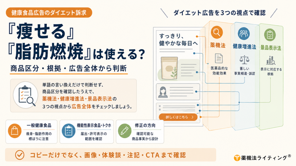 「『痩せる』『脂肪燃焼』は使える？」という見出しの、健康食品広告に関するアイキャッチ画像。右側には架空の広告シートを配置し、薬機法、健康増進法、景品表示法の3つの視点から、キャッチコピー、画像、体験談、注記、CTAを確認する構成になっている。下部では、一般健康食品、機能性表示食品・トクホ、修正の方向という3つの要点を示し、商品区分や根拠を確認したうえで、確認可能な商品事実から広告を設計する重要性をまとめている。