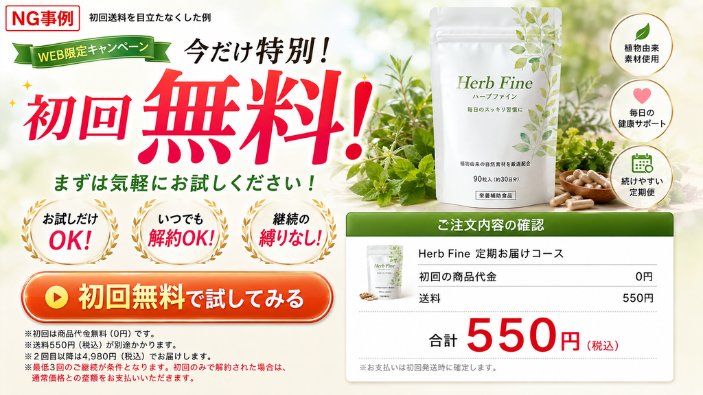 特定商取引法・景品表示法に注意が必要な定期購入LPのNG事例。「初回無料」「無料で試せる」と強調しながら、実際には送料550円が発生する健康食品通販広告。商品代金0円、送料550円、2回目以降4,980円などの契約条件と、注文確認画面で初回支払額550円を示した価格表示の注意例。
